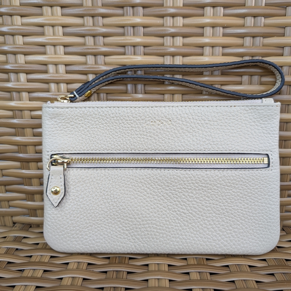 Lodis Cream Pebbled Leather Wristlet Clutch Wallet Pouch Bag Gold Toned Hardware